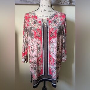 JM Collection Woman coral & brown paisley tunic pullover blouse top, size OX